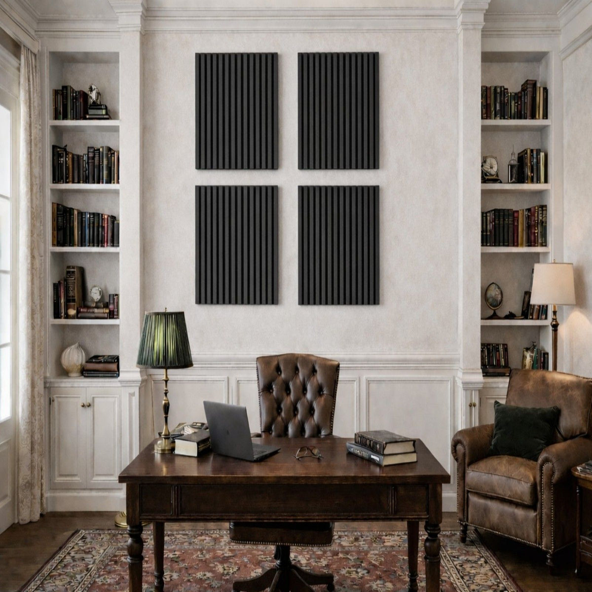 Acoustic Panels With Strip Design, Sound Absorbing Wall &amp; Ceiling Panels (Set of 4) - Matt Black