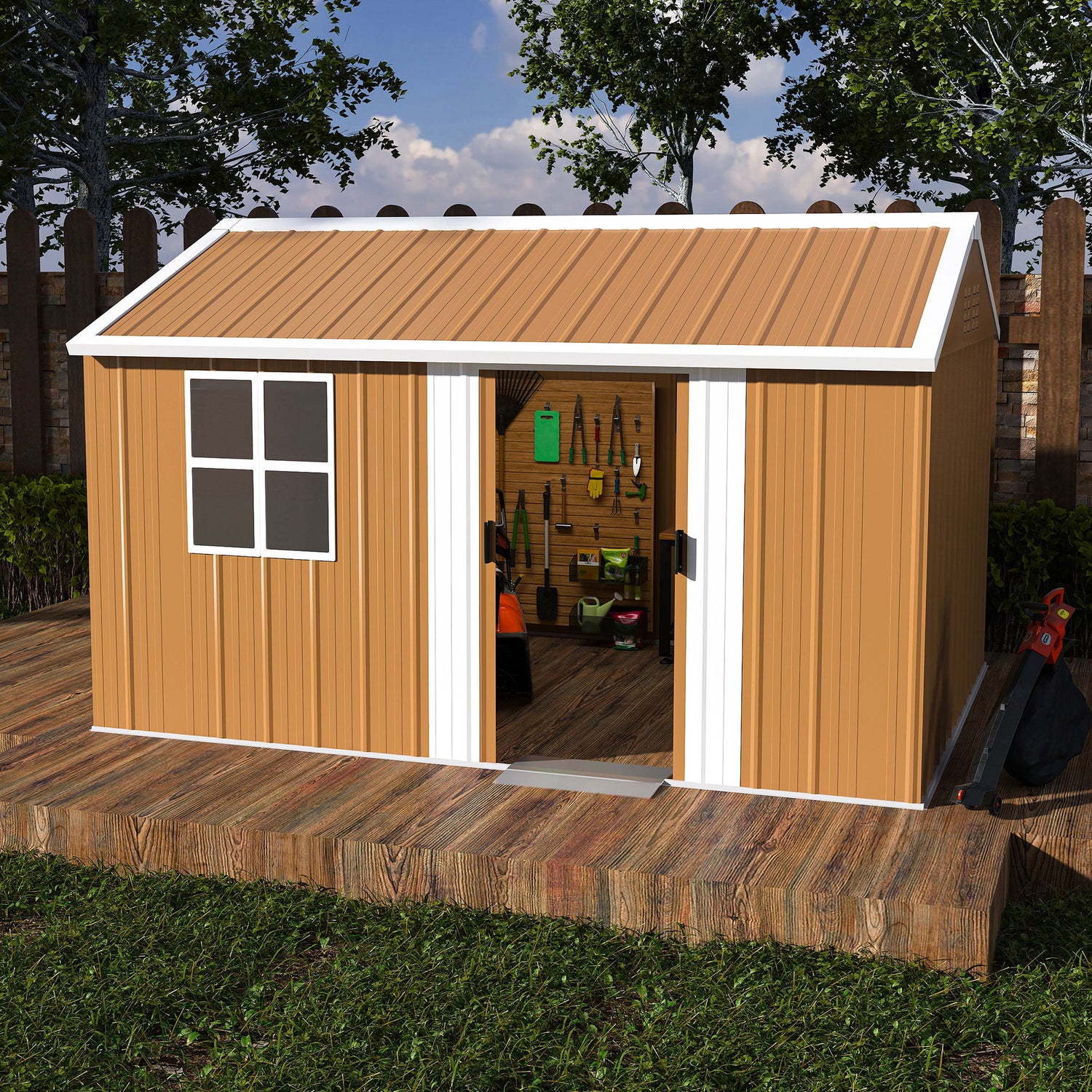 Storage Shed With Windows, Lockable Door &amp; Ventilation For Backyard Tool Organization - Brown