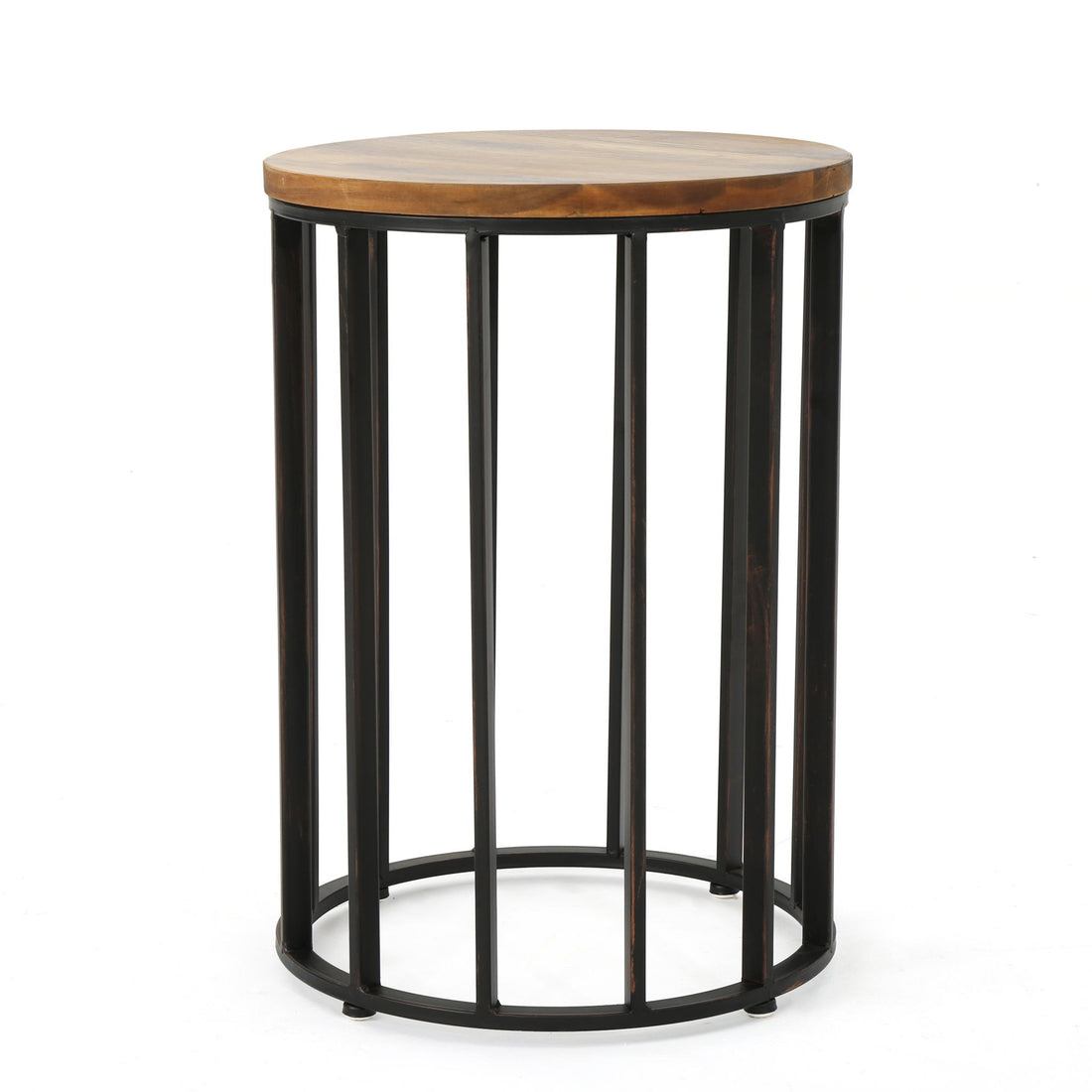 Outdoor Cylindrical Side Table With Round Solid Wood Top And Metal Frame - Natural