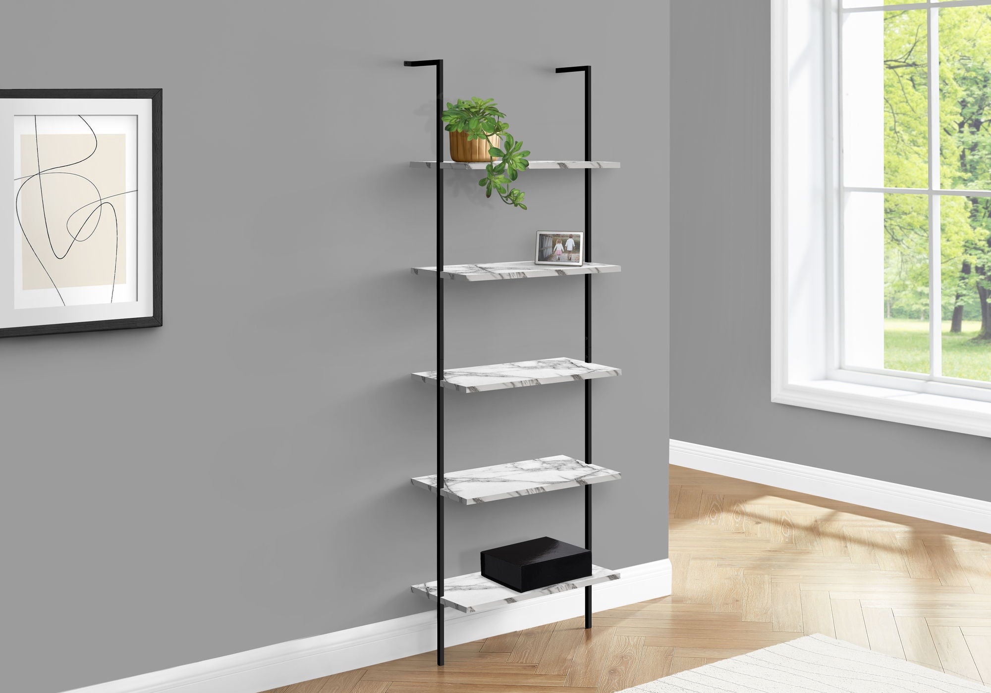 Bookshelf, Bookcase, Etagere, Ladder, 5 Tier, For Office, Marble Look Contemporary &amp; Modern