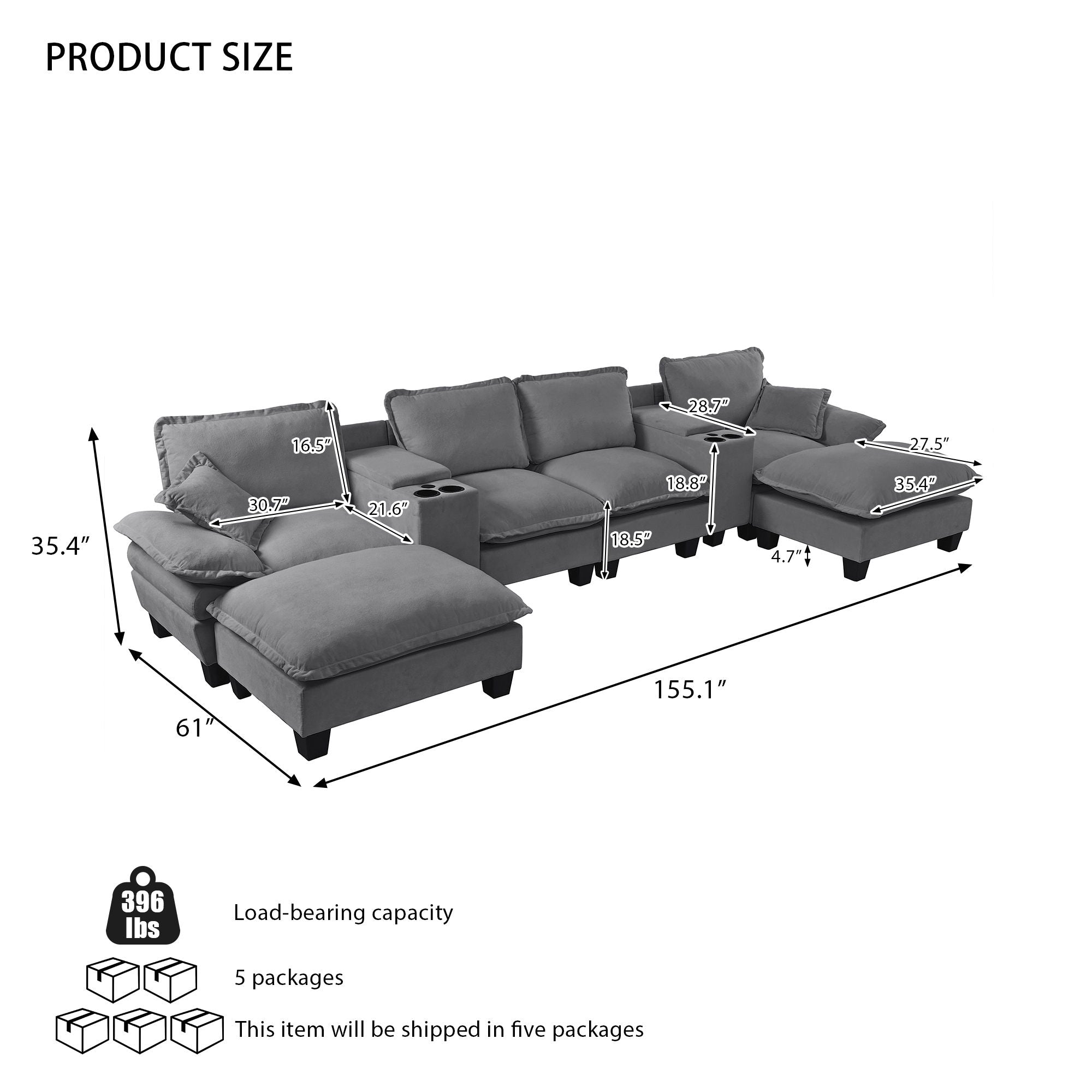 Modular Cloud Couch Sofa With Cup Holders &amp; Storage, USB Port