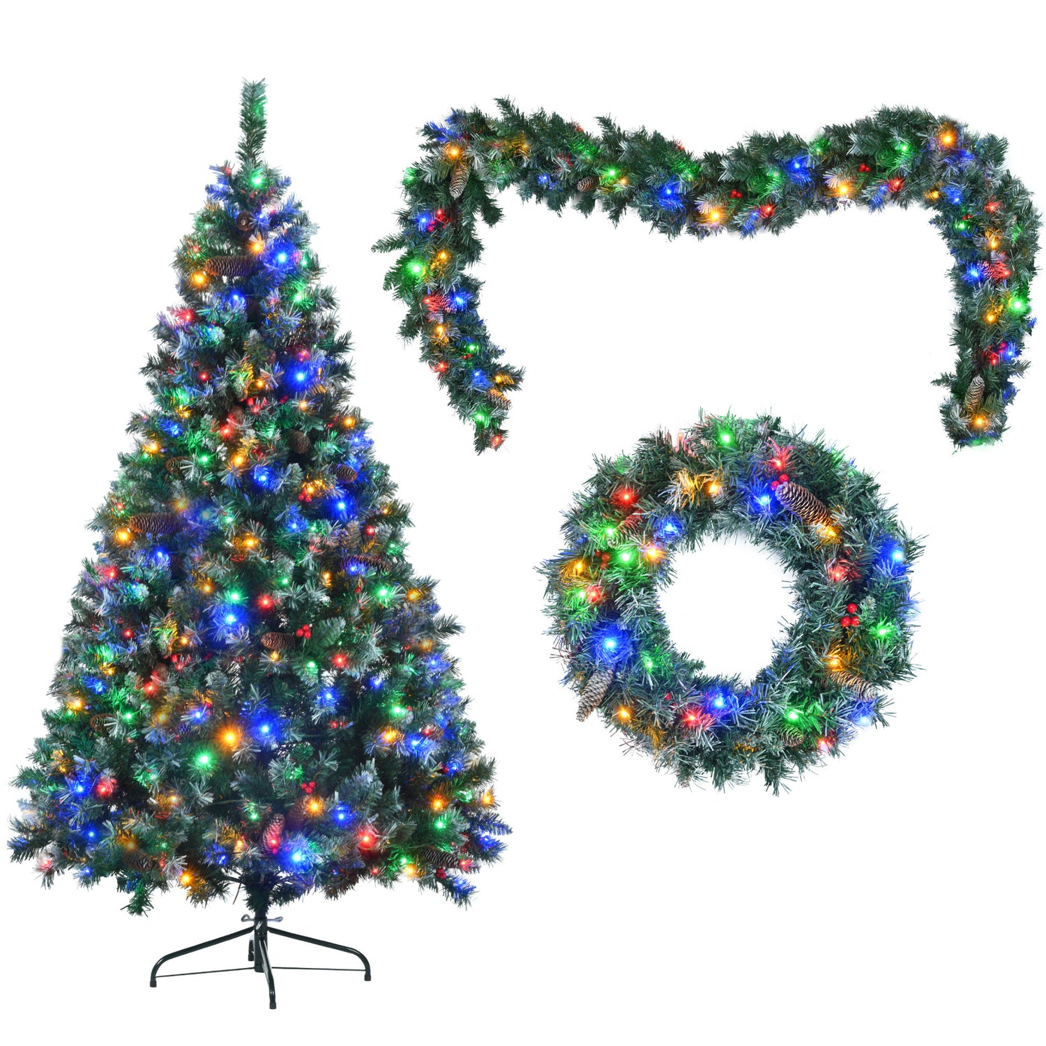 6FT Dark Green Pine Christmas Tree, Pre-Lit Set with Tree &amp; Garland &amp; Wreath, Hinged Artificial Xmas Tree with White Tips, Red Berries and Pine Cones, 11 Colorful Modes, Indoor Holiday Decoration