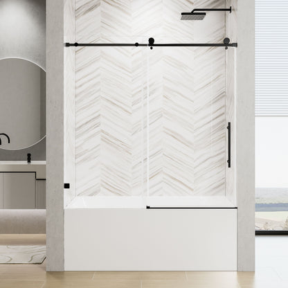 Frameless Single Sliding Shower Door With Soft Close, 5 / 16&quot; Clear Nano Coated Tempered Glass, 60&quot; X 60&quot; - Matte Black