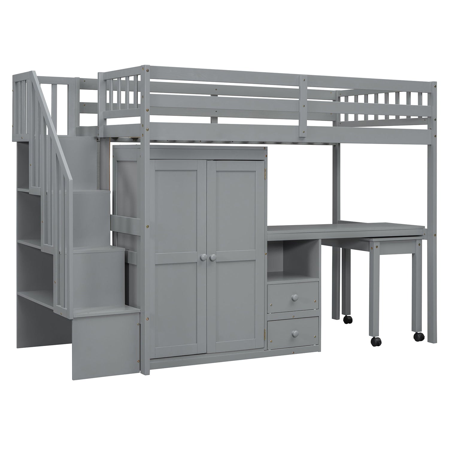 Loft Bed With Stairs, Bookshelf, Drawers, Desk &amp; Wardrobe, Space Saving Multifunctional Furniture