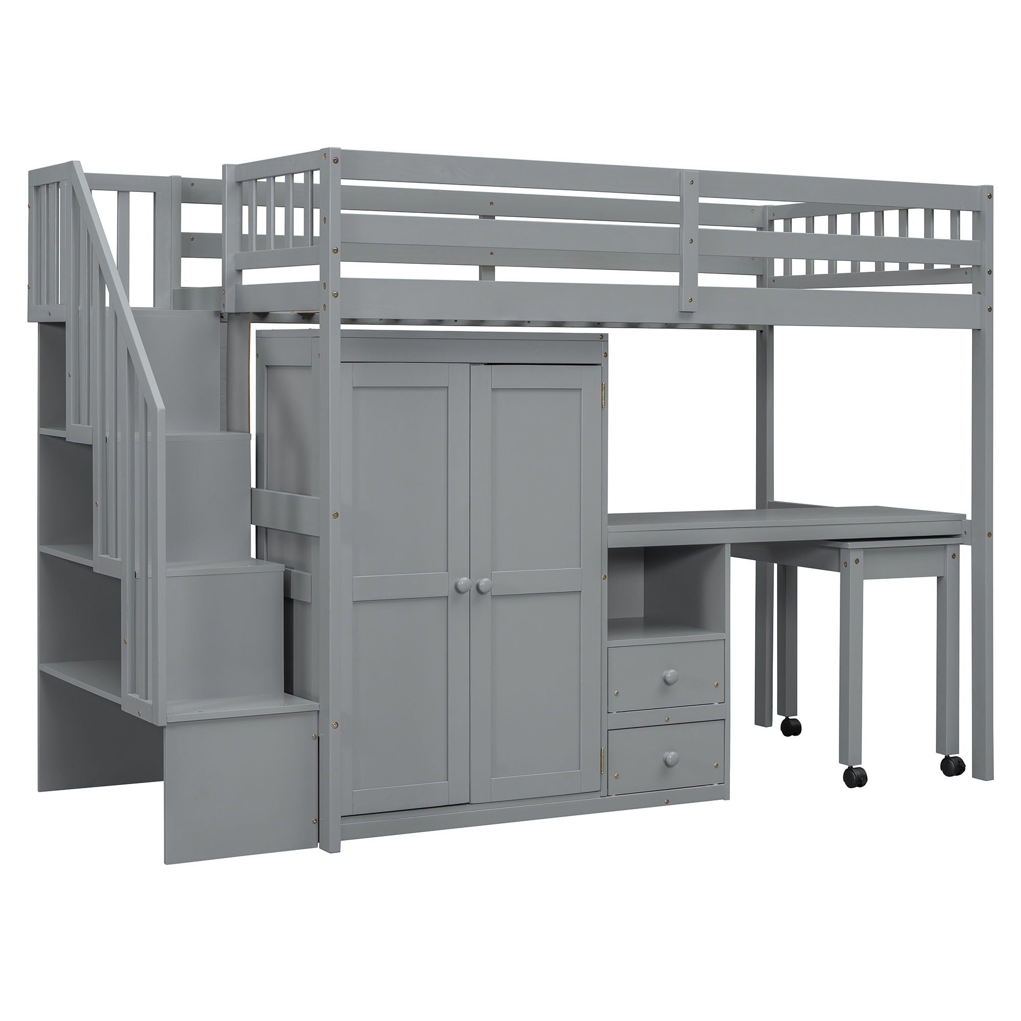 Loft Bed With Stairs, Bookshelf, Drawers, Desk &amp; Wardrobe, Space Saving Multifunctional Furniture