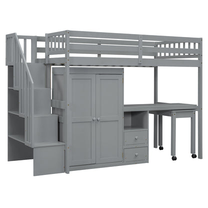 Loft Bed With Stairs, Bookshelf, Drawers, Desk &amp; Wardrobe, Space Saving Multifunctional Furniture
