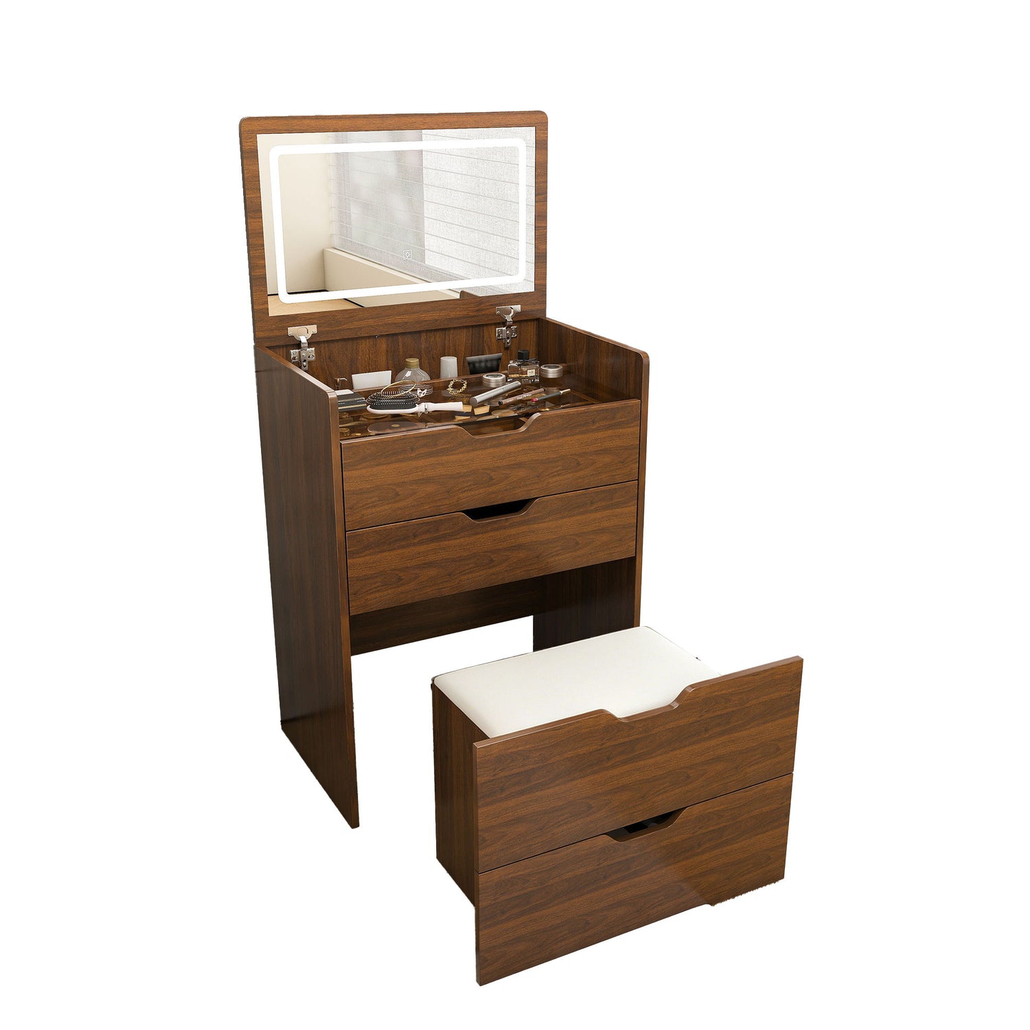Vanity Desk With Lighted Mirror &amp; Stool
