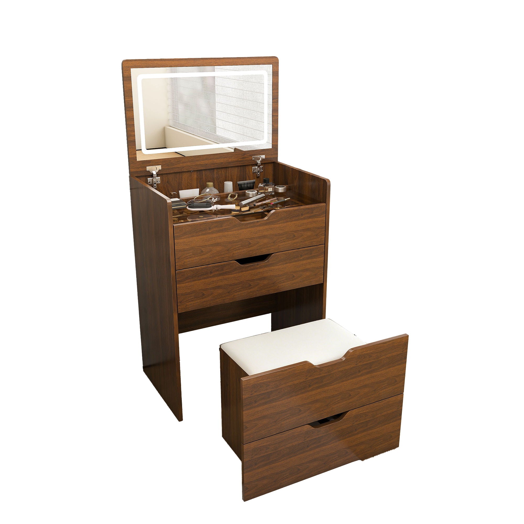 Vanity Desk With Lighted Mirror &amp; Stool