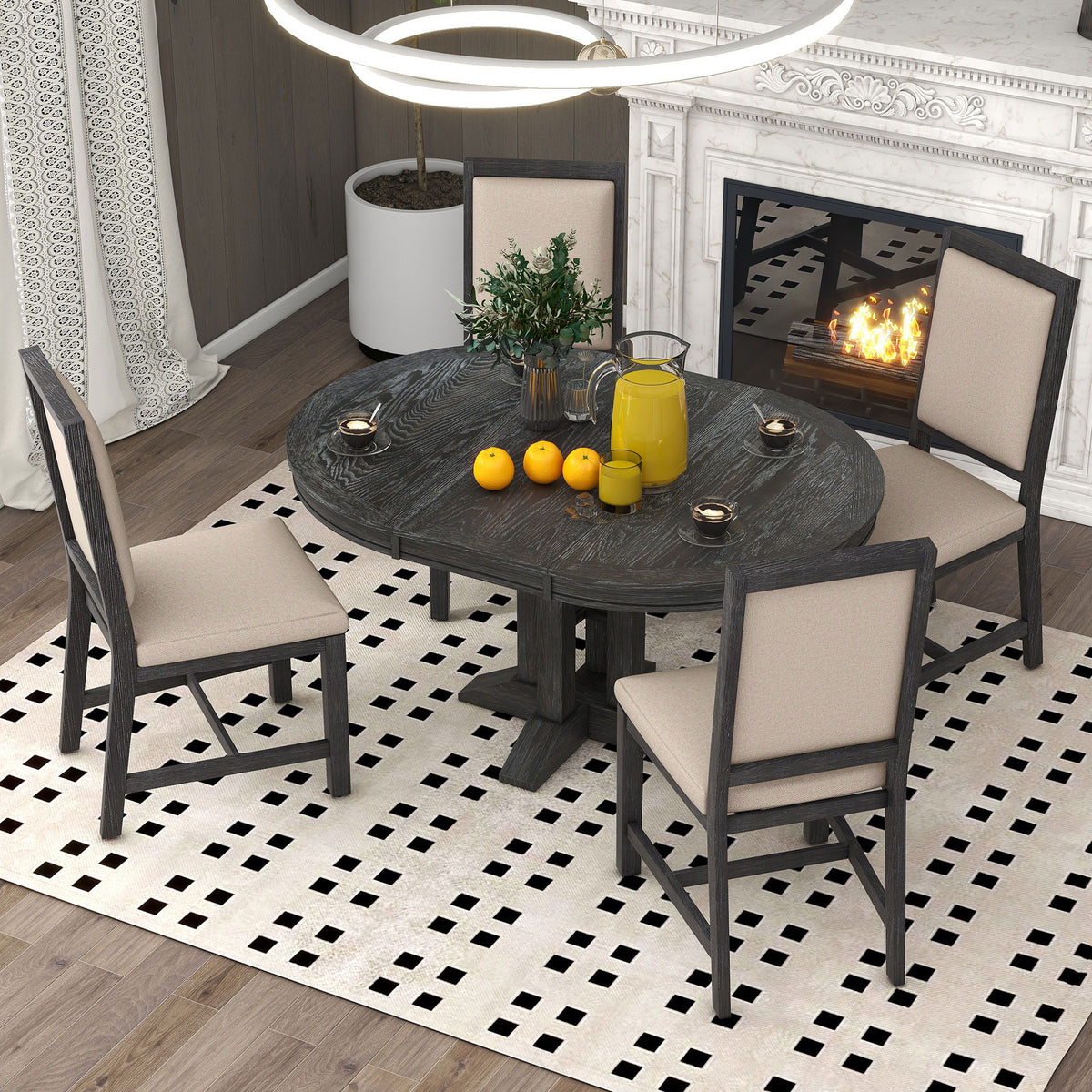 Dining Set &amp; Extendable Round Table And 4 Upholstered Chairs