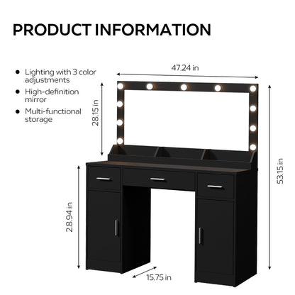 Vanity Desk With Large Mirror, 3 Colour Lighting Modes, Adjustable Brightness, Dresser With 3 Drawers &amp; 2 Vertical Cabinets, Makeup Vanity Table For Women &amp; Girls