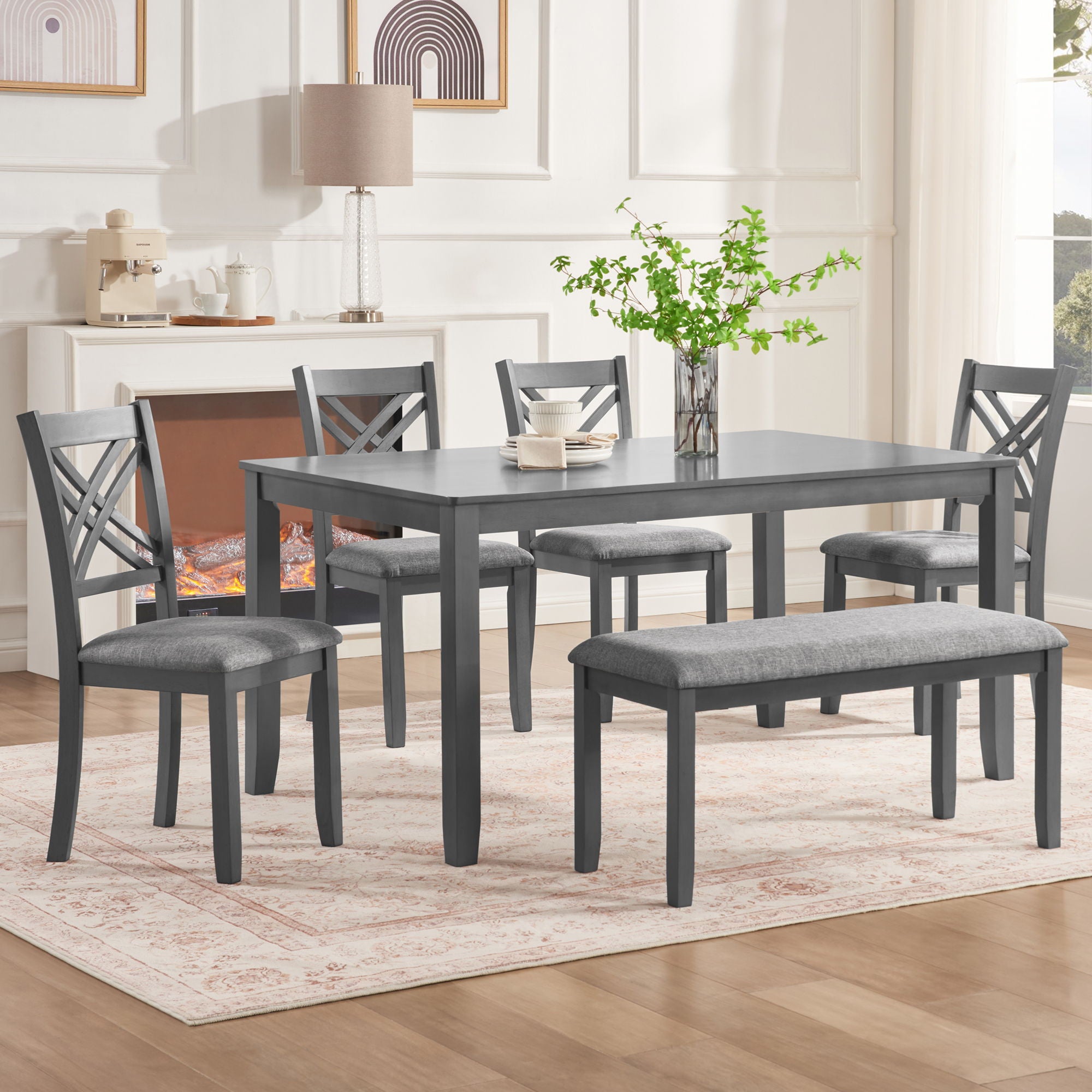 Kitchen Dining Set, Rectangular Dining Table &amp; Upholstered Chairs