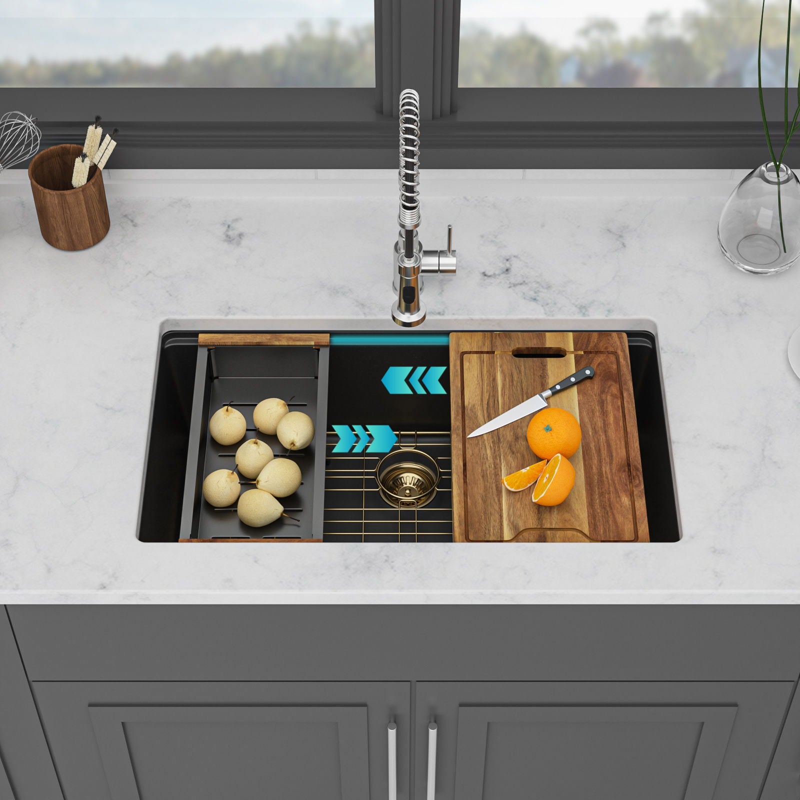 Quartz Composite Kitchen Sink With Undermount Design, Durable Single Bowl Workstation