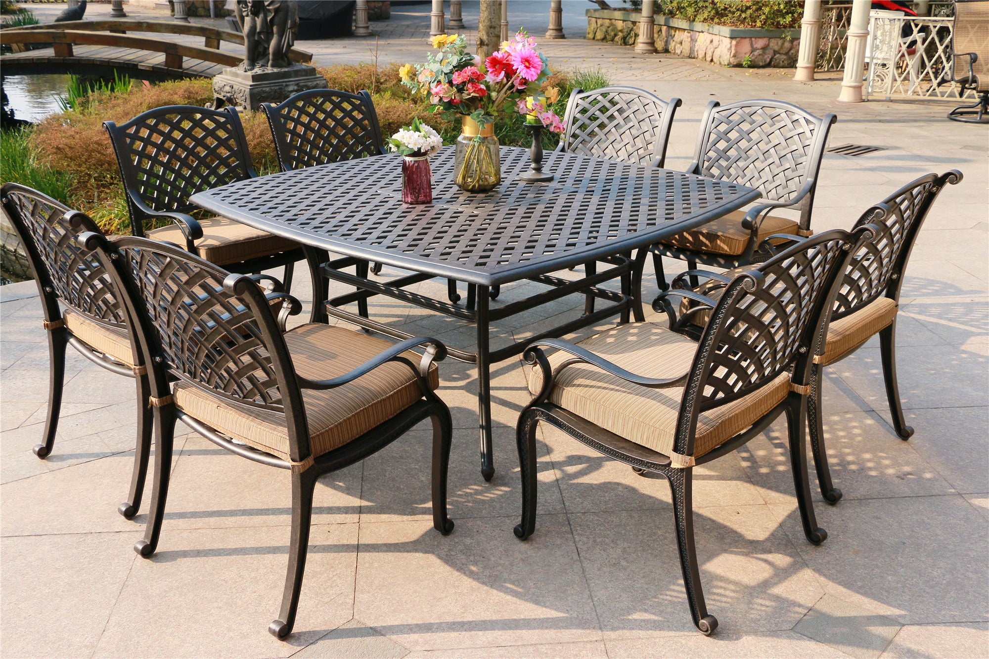 Square 8 Person 63.98&quot; Long Dining Set With Dupione Brown Cushions