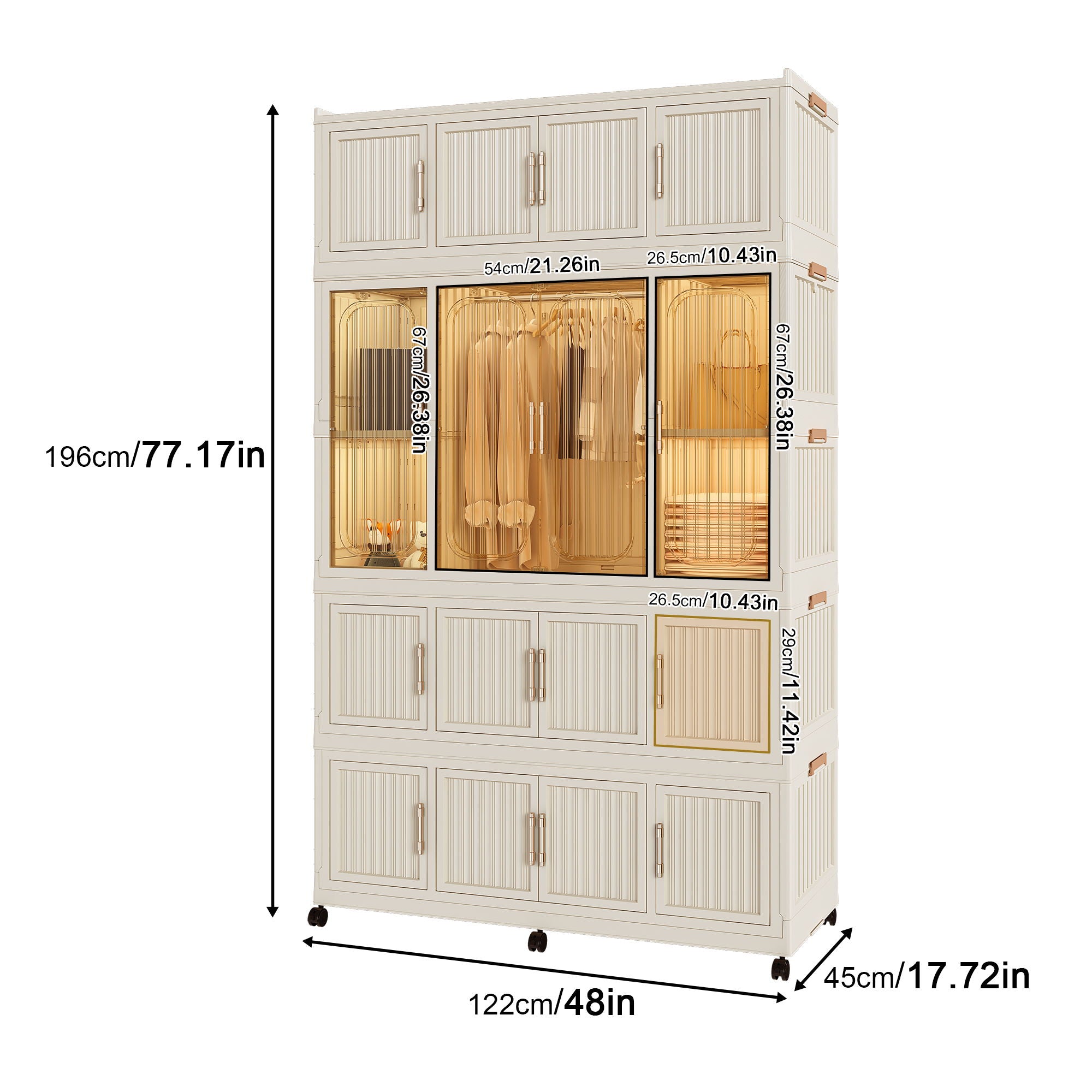 Portable Wardrobe Closet Storage Organizer With 17 Magnetic Doors, 17 Cubes, Hanging Rod &amp; 6 Hangers - Creamy White
