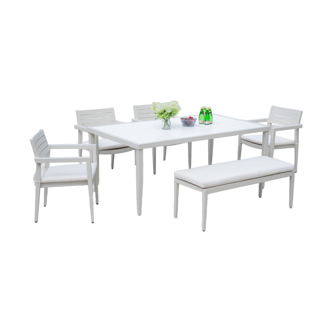 6 Piece Dining Set Modern Outdoor Patio Furniture, 4 Dining Chairs &amp; 1 Dining Bench Sunbrella Fabric And 2 Tone Rectangle Table With Umbrella Hole - Matte White / Grayish