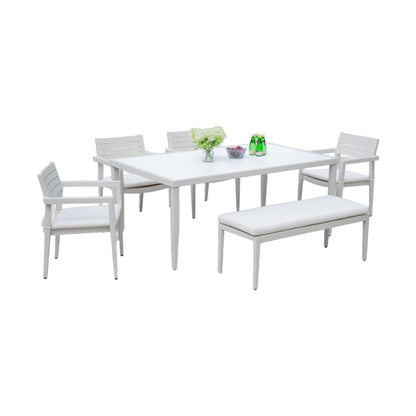 6 Piece Dining Set Modern Outdoor Patio Furniture, 4 Dining Chairs &amp; 1 Dining Bench Sunbrella Fabric And 2 Tone Rectangle Table With Umbrella Hole - Matte White / Grayish