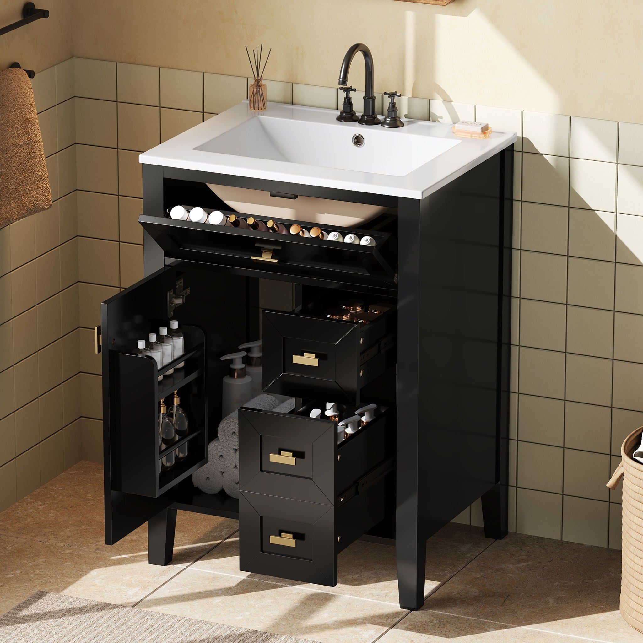 Bathroom Vanity With Sink, 3 Drawers &amp; Cabinet With 2 Tier Door Storage Rack, Soft Close Doors &amp; Drawers