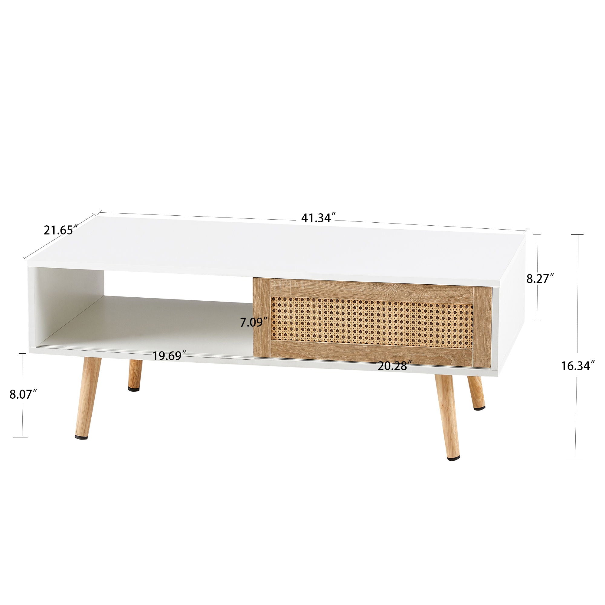 41.34&quot; Rattan Coffee Table, Sliding Door For Storage, Solid Wood Legs, Modern Table For Living Room