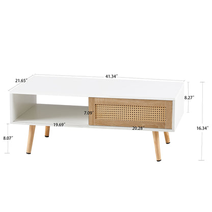 41.34&quot; Rattan Coffee Table, Sliding Door For Storage, Solid Wood Legs, Modern Table For Living Room