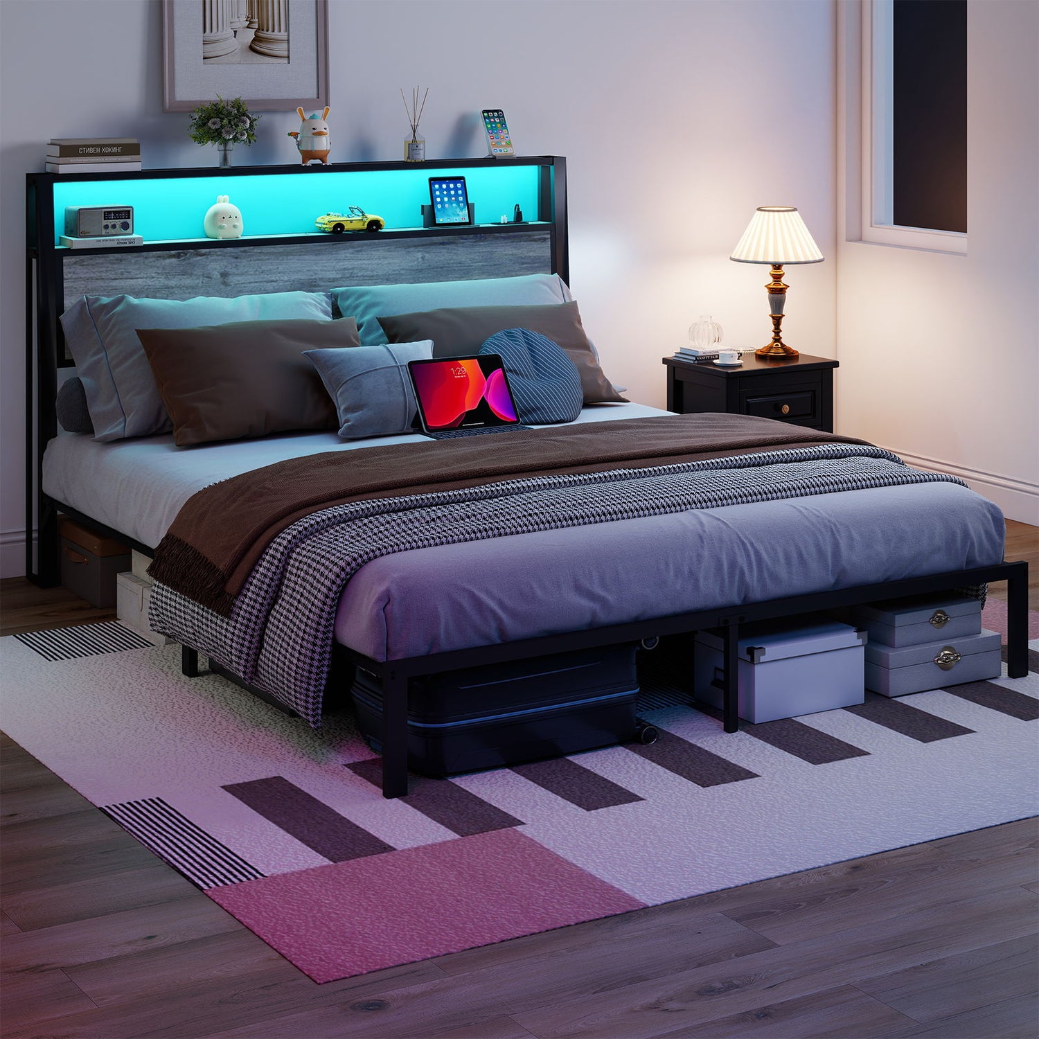 Bed Frame With RGB LED Light And Charging Station