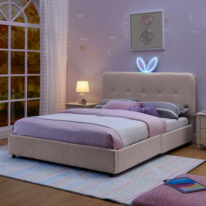 Upholstered Bed With Oversized Rabbit Ear Headboard, LED Lights &amp; 4 Storage Drawers