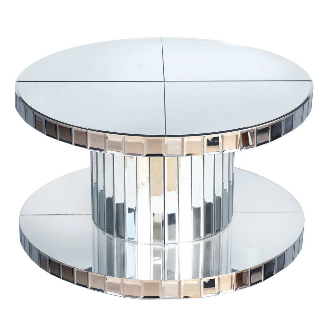 Luxury Double Tier Round Mirror Coffee &amp; End Table With Fluted Glass Modern Sofa Side Table - Silver / Glass
