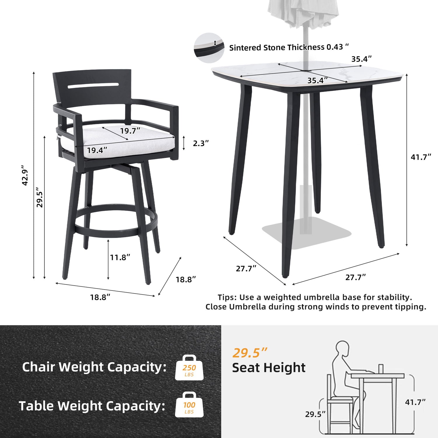 Modern Outdoor Patio Bar Set, Rounded Square Table &amp; Bar Chairs, Non Rust Frame, Tapered Legs, Sunbrella Cushion