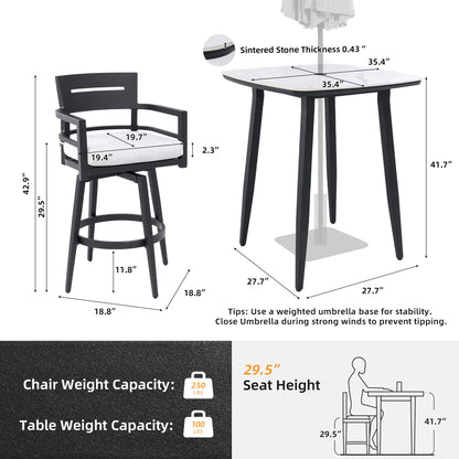 Modern Outdoor Patio Bar Set, Rounded Square Table &amp; Bar Chairs, Non Rust Frame, Tapered Legs, Sunbrella Cushion