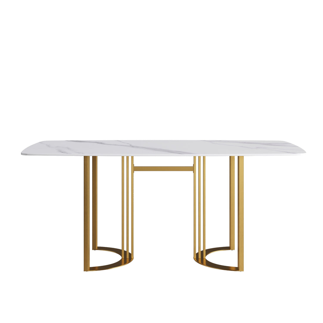 70.87&quot; Modern Artificial Stone White Curved Golden Metal Leg Dining Table, Can Accommodate 6-8 People - White / Gold