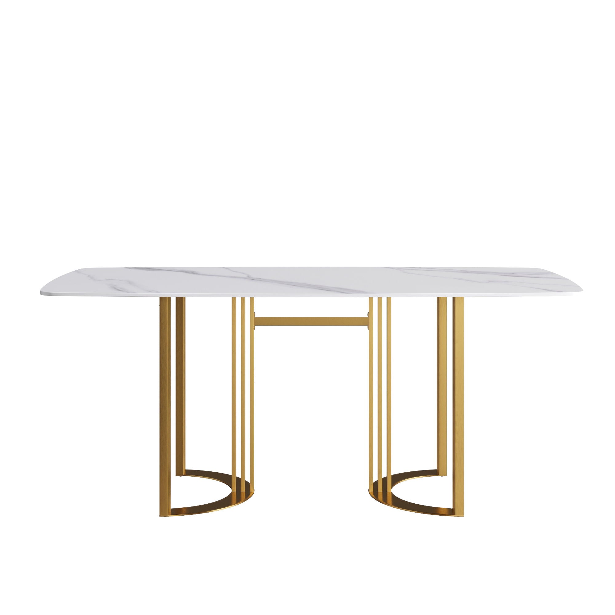 70.87&quot; Modern Artificial Stone White Curved Golden Metal Leg Dining Table, Can Accommodate 6-8 People - White / Gold