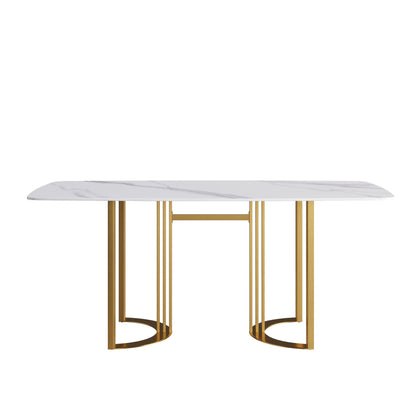 70.87&quot; Modern Artificial Stone White Curved Golden Metal Leg Dining Table, Can Accommodate 6-8 People - White / Gold