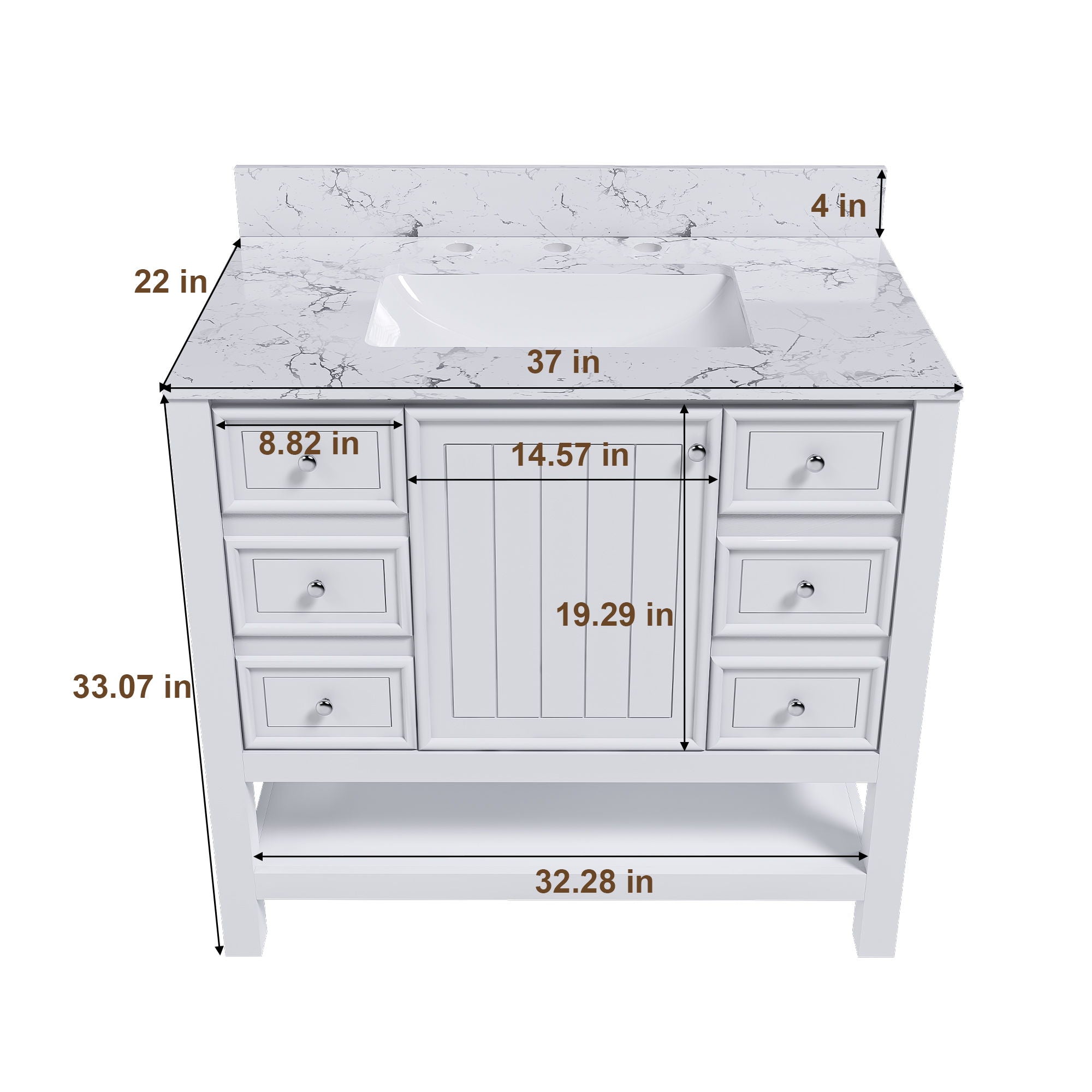 37&quot; Bathroom Vanity With Artificial Marble Carrara Top, Multi Functional Cabinet With Doors And Drawer - White