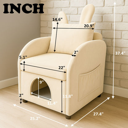 Bunny Ear Pet Friendly Armchair With Hidden Pet House With Storage Pocket For Bedroom &amp; Living Room - Beige