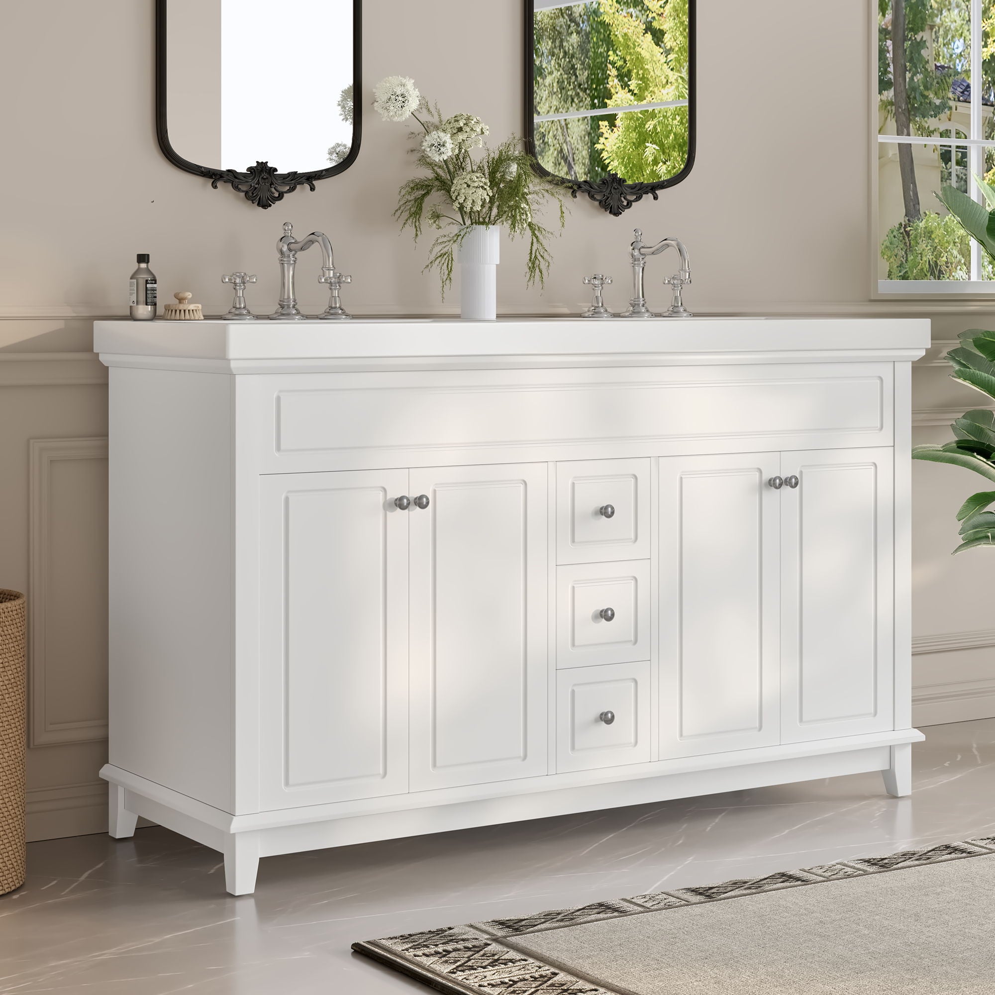 Bathroom Vanity With Double Sinks, 3 Drawers &amp; 4 Doors, Soft Close, All Open Back Design - White