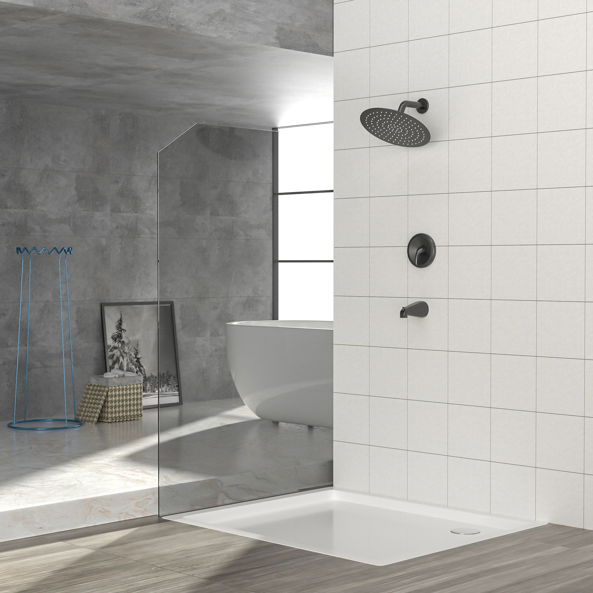 10&quot; Round Rain Shower Head System With Waterfall Tub Spout, Wall Mounted, Stainless Steel