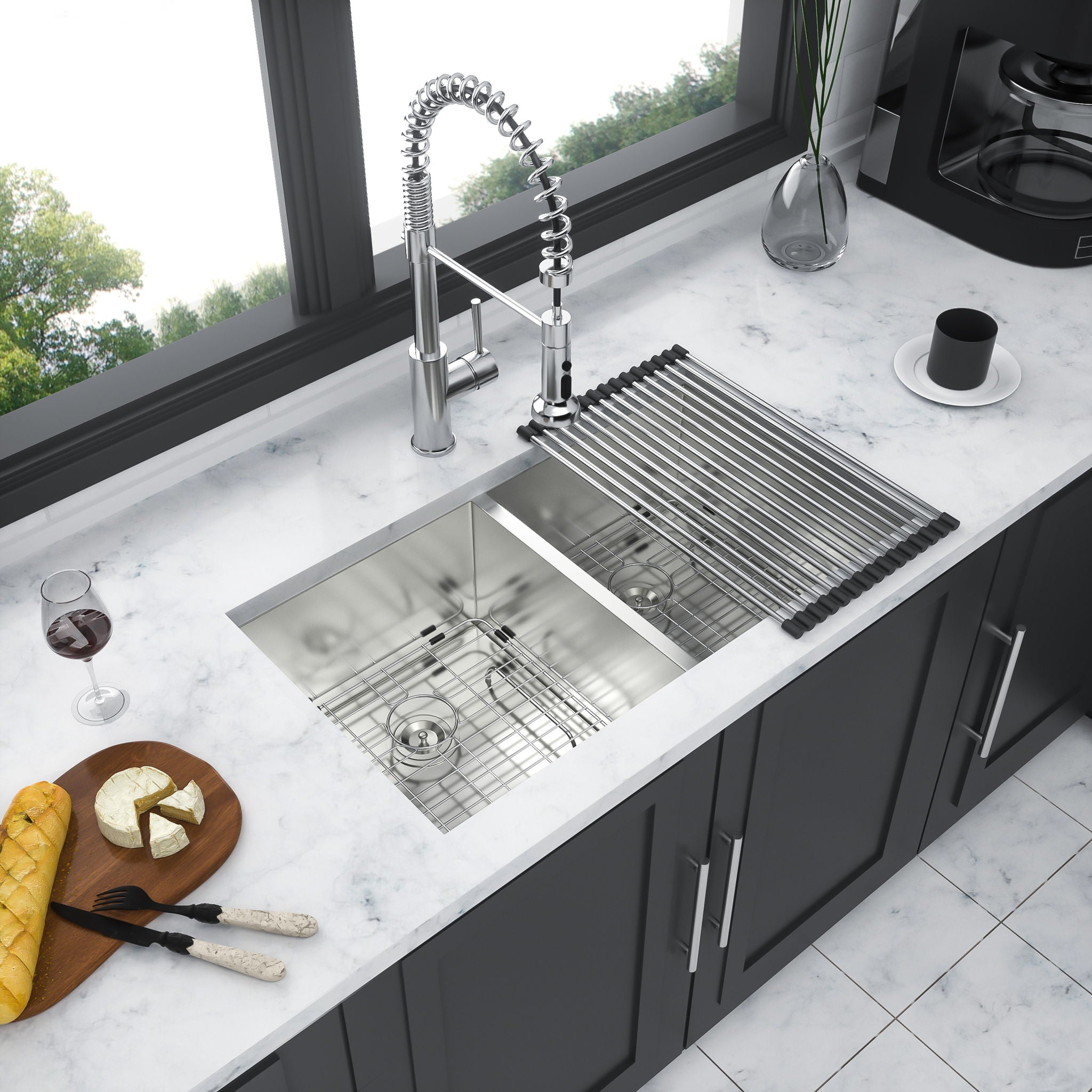 16 Gauge Undermount Double Bowl Kitchen Sink With 9&quot; Deep Bowls - Brushed Nickel