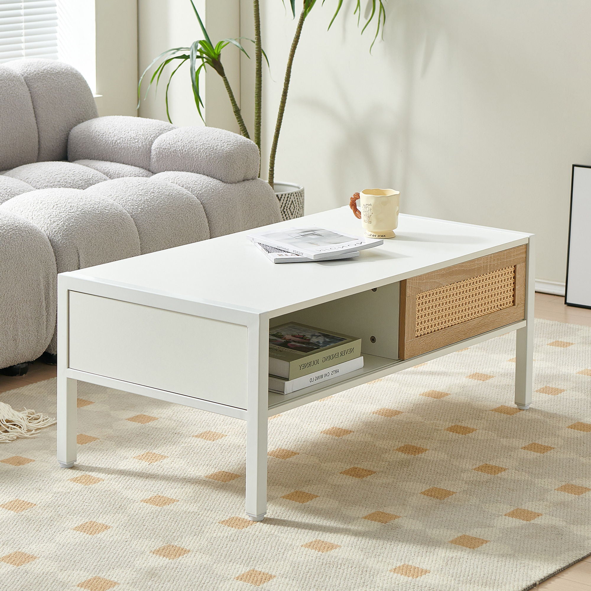 40.16&quot; Rattan Coffee Table, Sliding Door For Storage, Metal Legs, Modern Table For Living Room