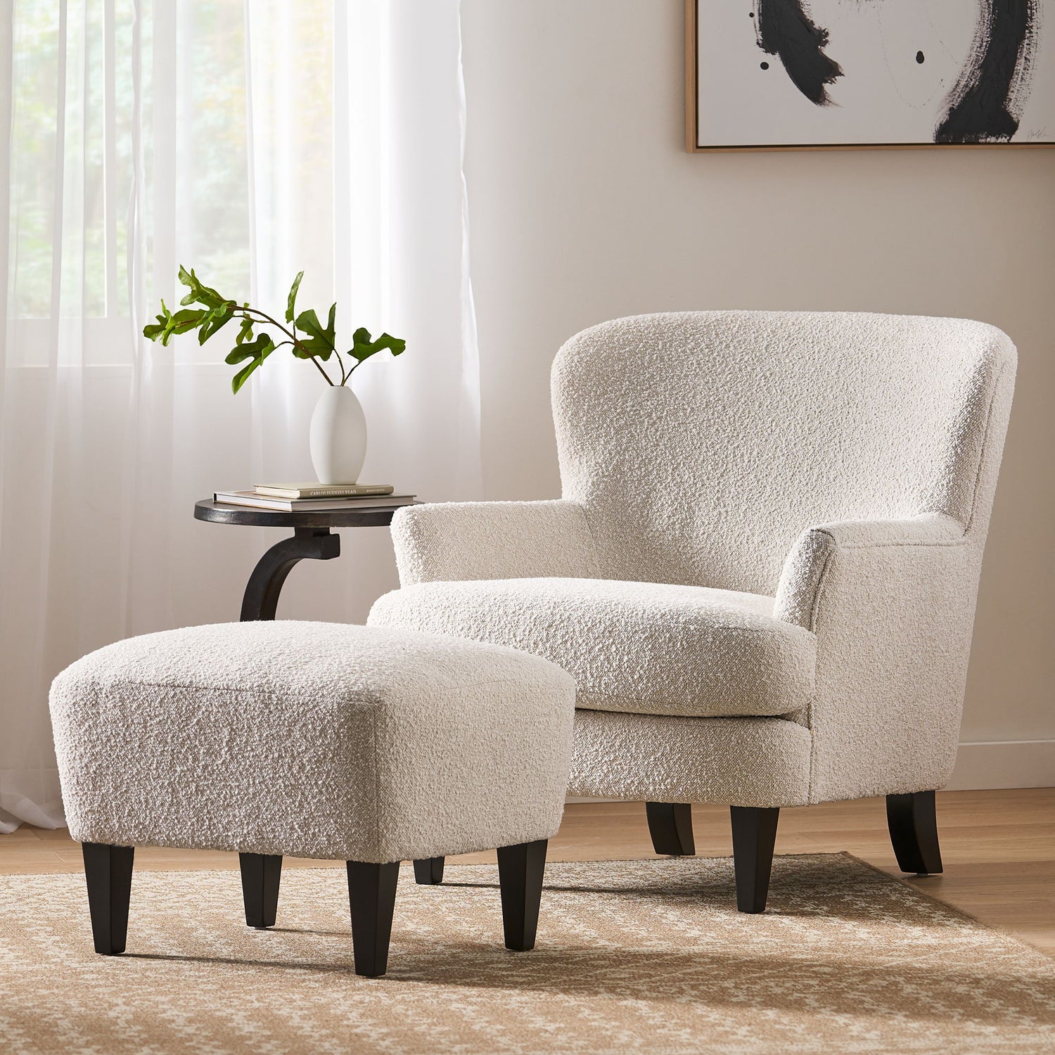 Boucle Fabric Upholstered Living Room Set With Tapered Legs - Cream - Cream