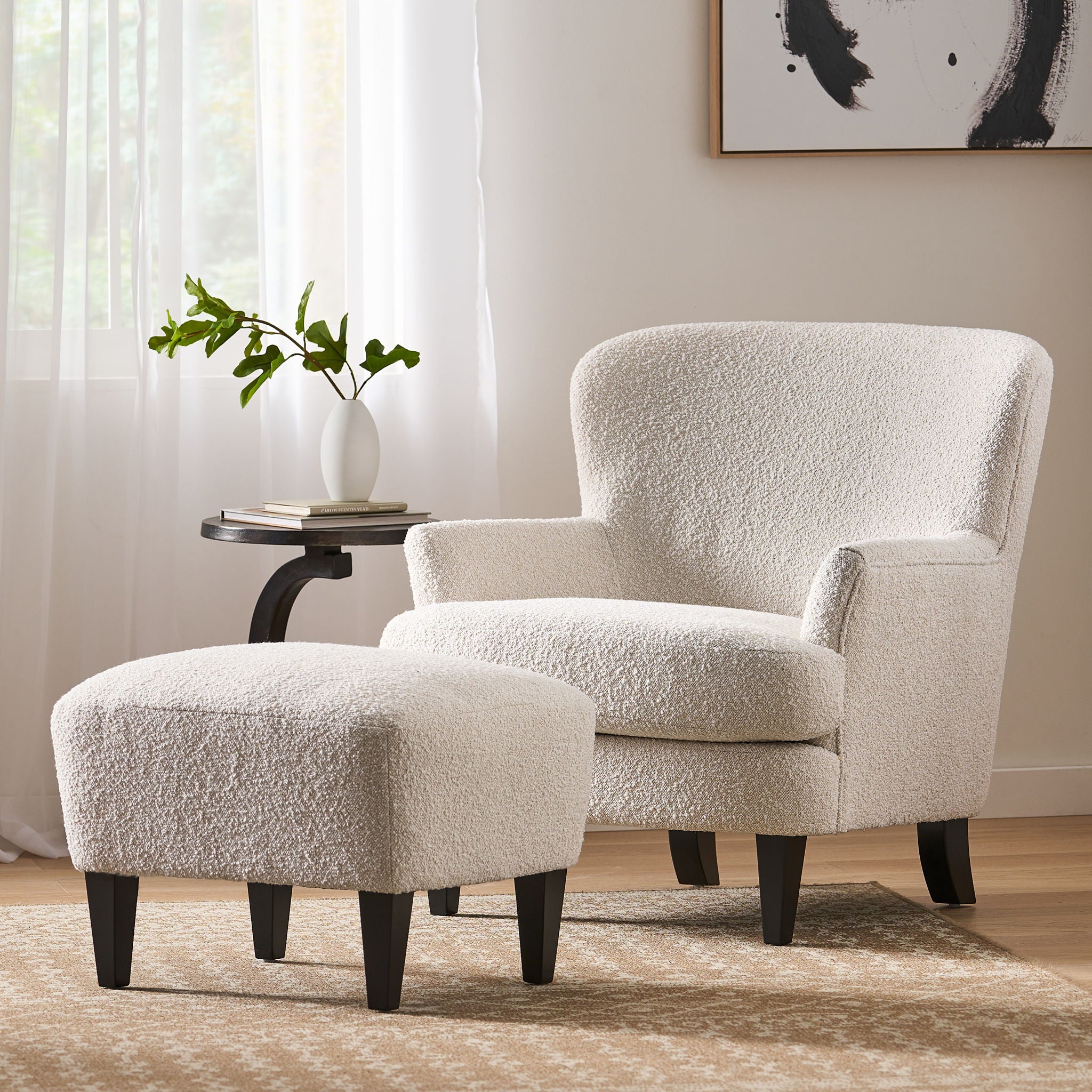 Boucle Fabric Upholstered Living Room Set With Tapered Legs - Cream - Cream