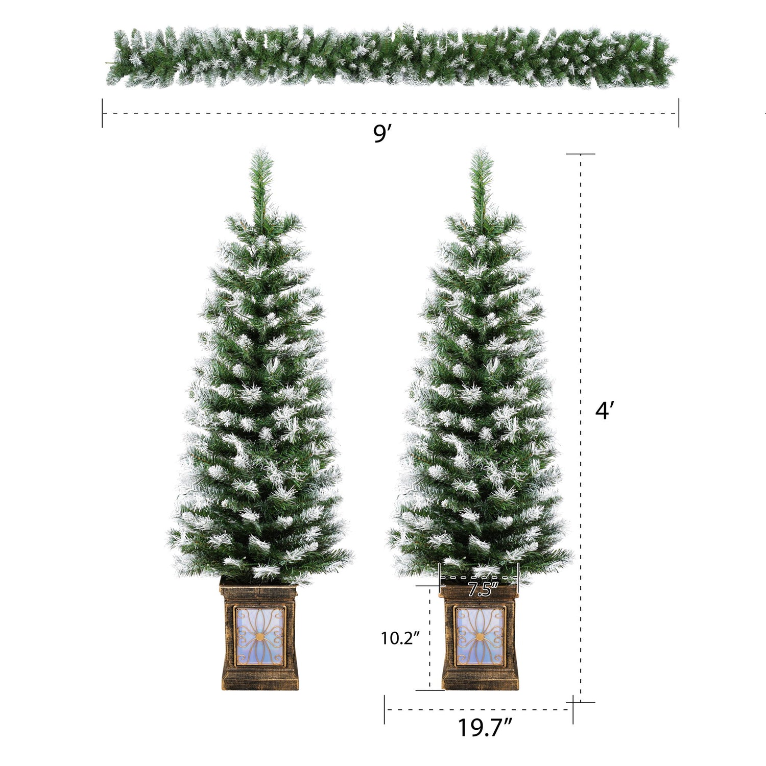 Artificial Christmas 3 Piece Set Wreath And 2 Entrance Trees With LED Lights - White / Green