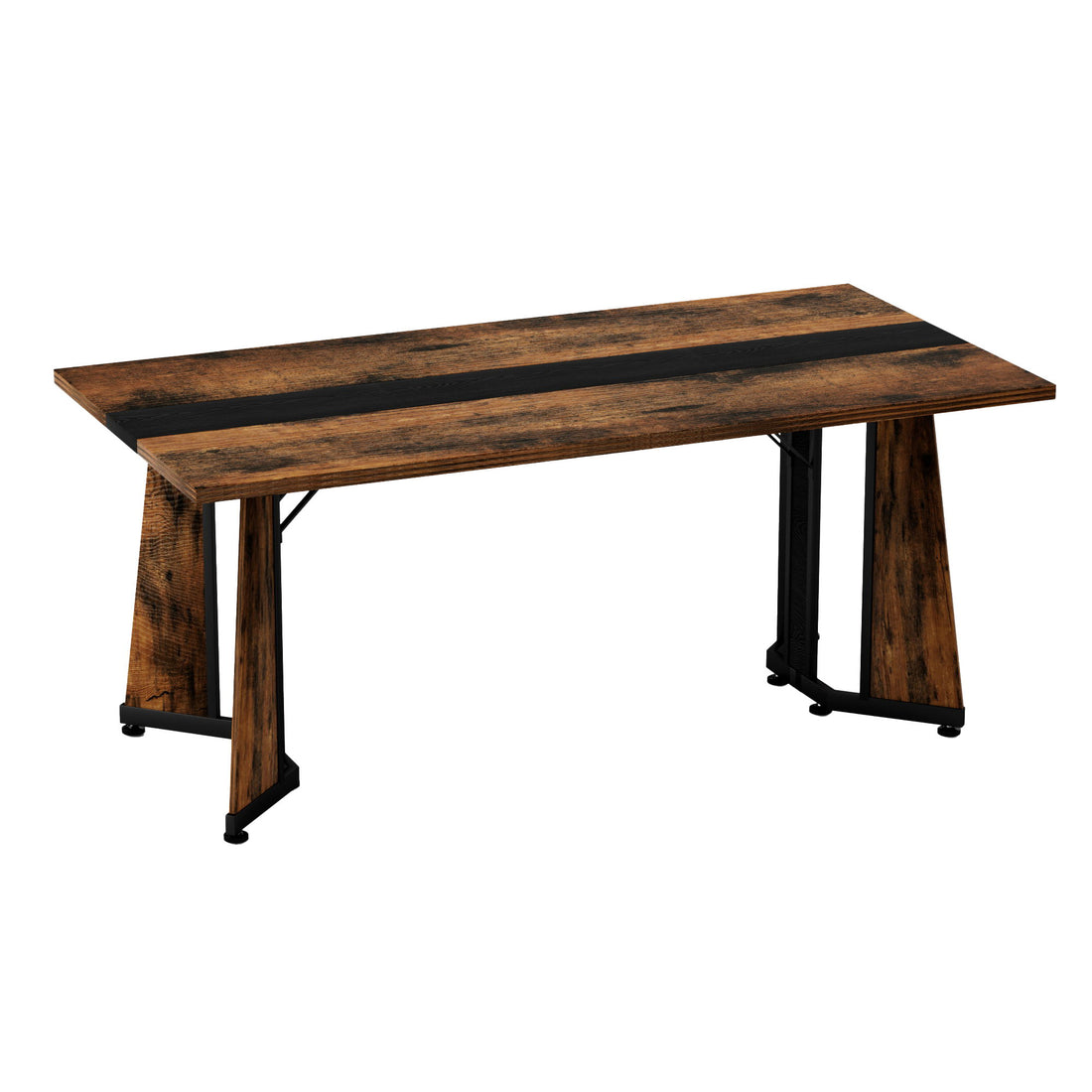 Rustic Rectangular Large Dining Table, Waterproof Desk For 8 People, &amp; Steel With Adjustable Legs - Black / Rustic Brown