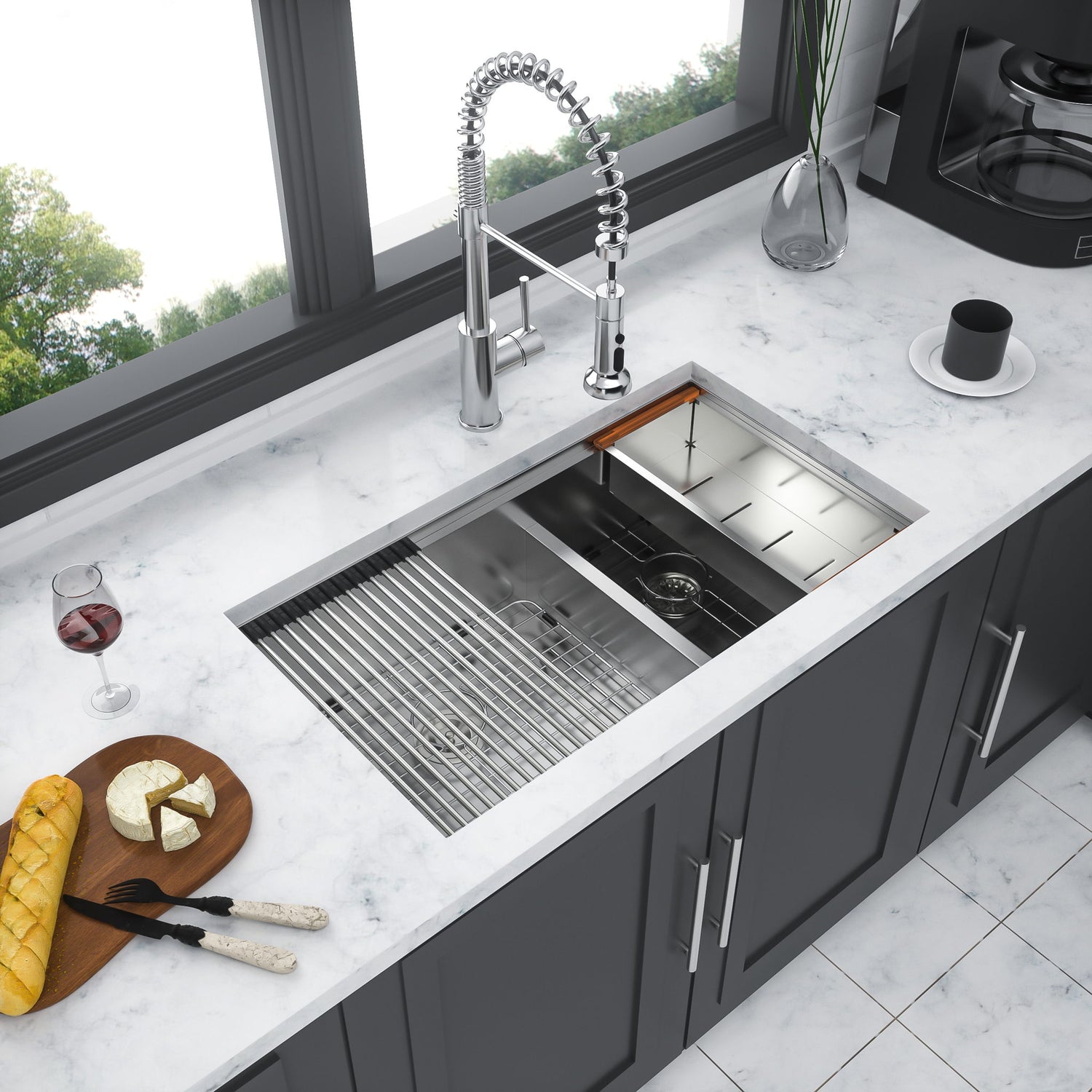Double Bowl Undermount Kitchen Sink 60 / 40 Split - Brushed Nickel