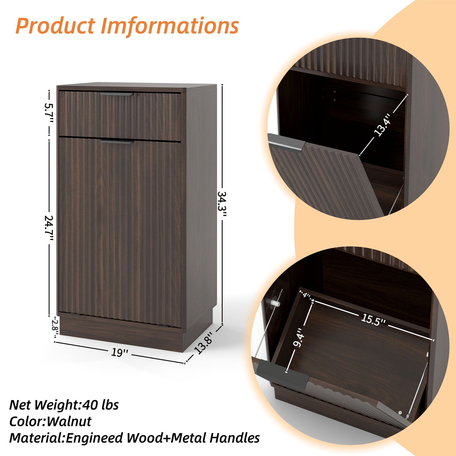 Tilt Out Trash Can Cabinet With Wave Textured Drawer &amp; Pull Out Bin