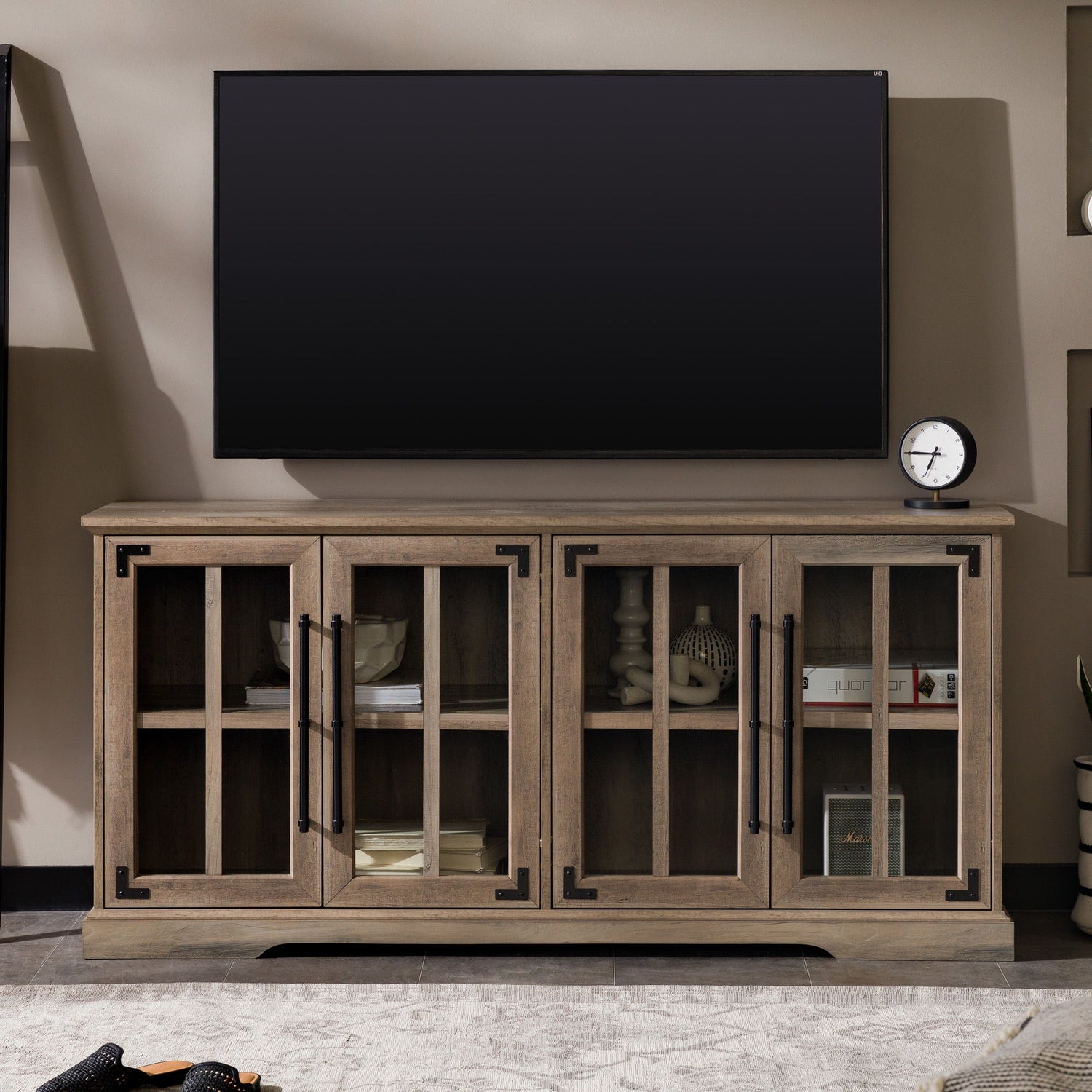 Modern Farmhouse Two Tone Windowpane Glass Door TV Stand For TVs Up To 65&quot;