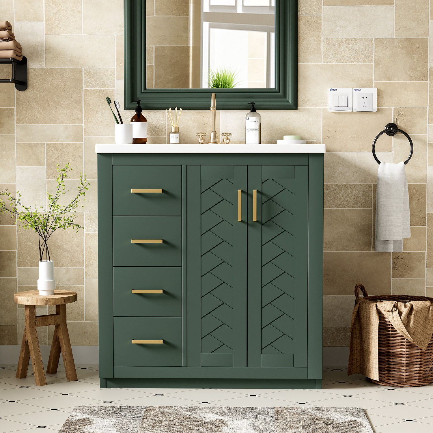 Ceramic Sink Combo, Freestanding Vanity Set With 3 Drawers &amp; Soft Closing Doors