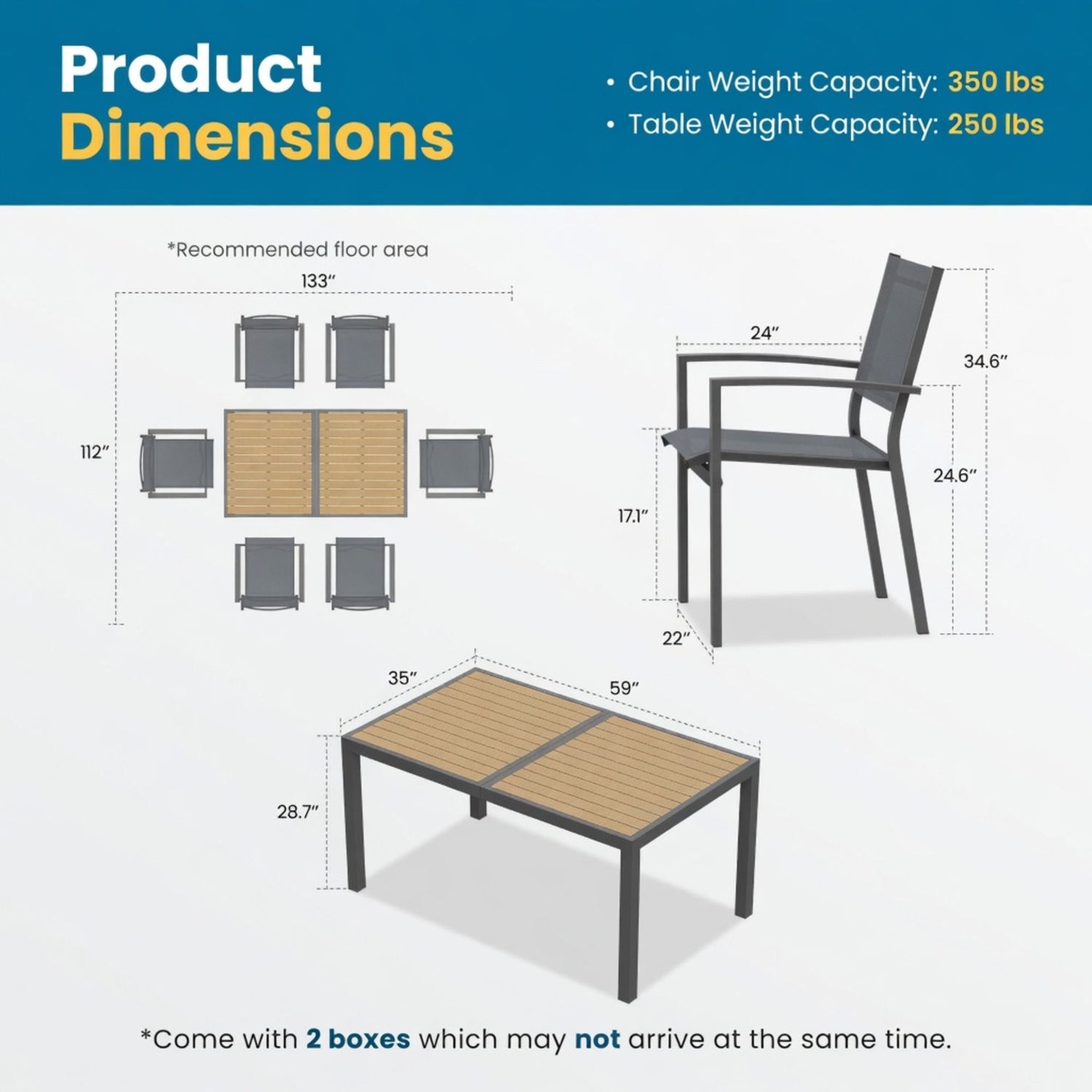 7 Piece Gray Patio Dining Set With Hdps Table And Textilene Chairs For Outdoor Use, Metal Furniture