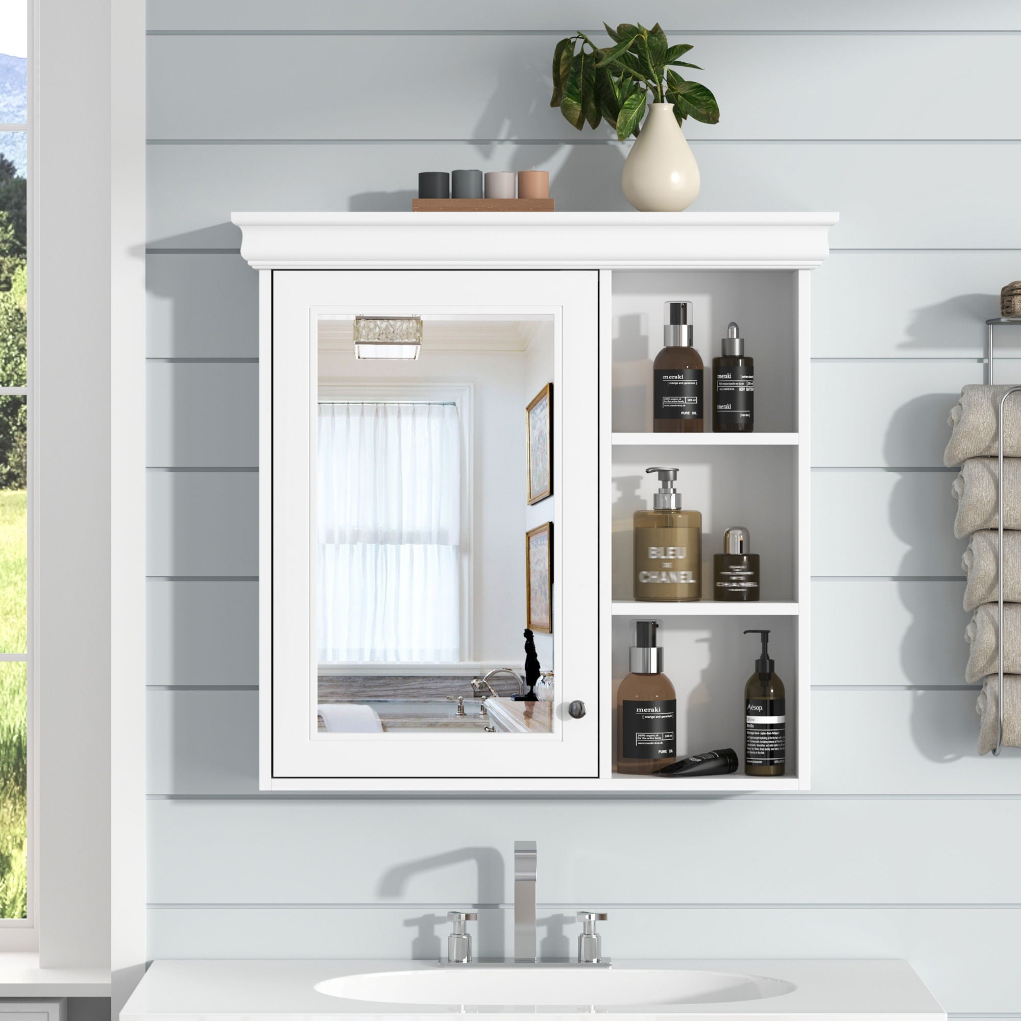Bathroom Medicine Cabinet With Mirror, Wall Mounted Mirror Cabinet &amp; Storage Organizer, Over The Toilet Storage White Storage Cabinet For Bathroom - White