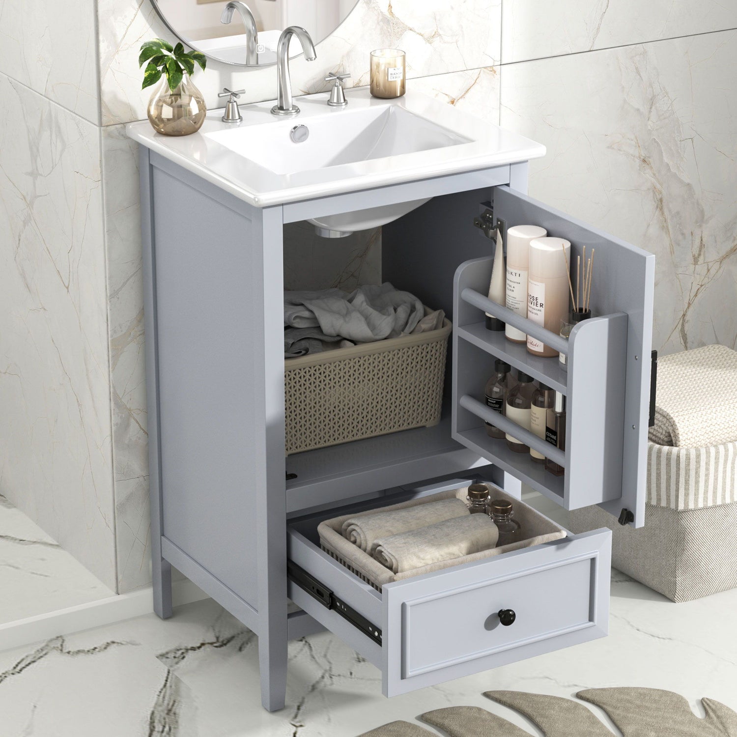 20&quot; Bathroom Vanity With Sink, Bathroom Cabinet With A Door, Door Shelf Storage And Adiustable Foot Pads, A Drawer - Gray