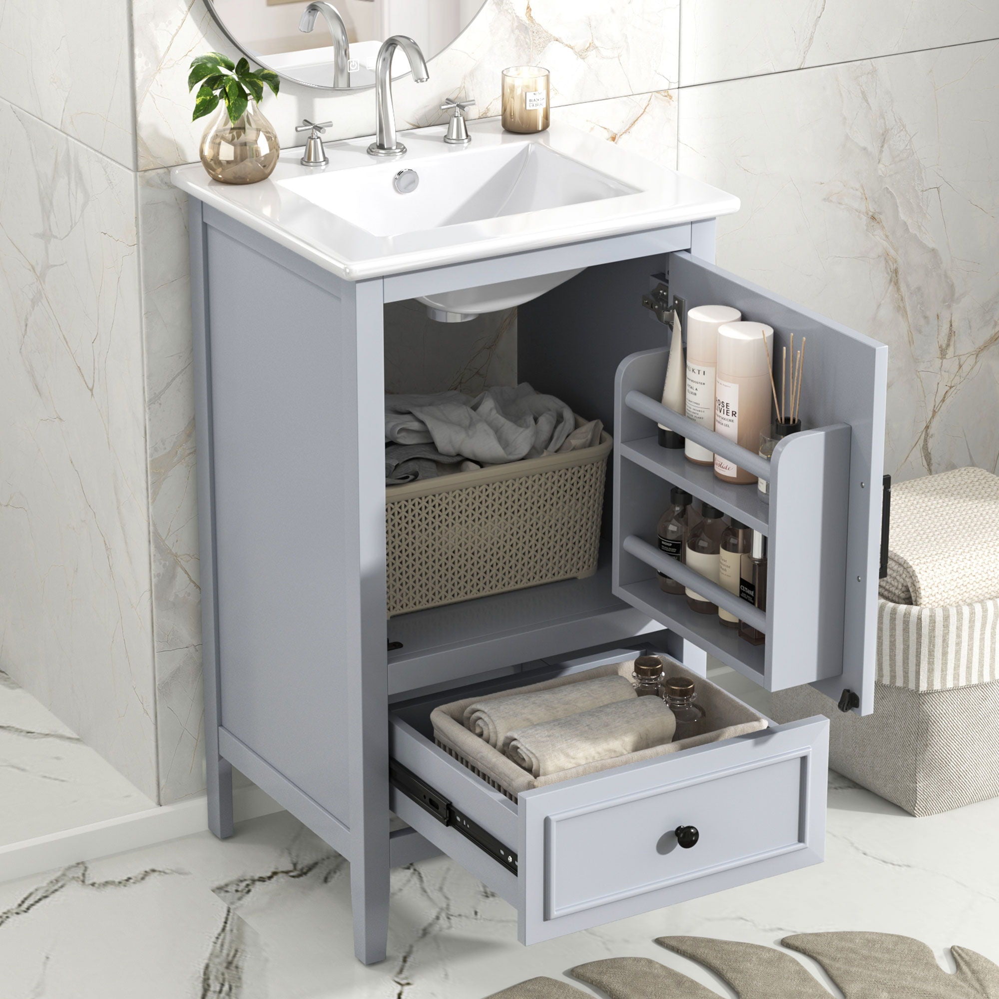 20&quot; Bathroom Vanity With Sink, Bathroom Cabinet With A Door, Door Shelf Storage And Adiustable Foot Pads, A Drawer - Gray