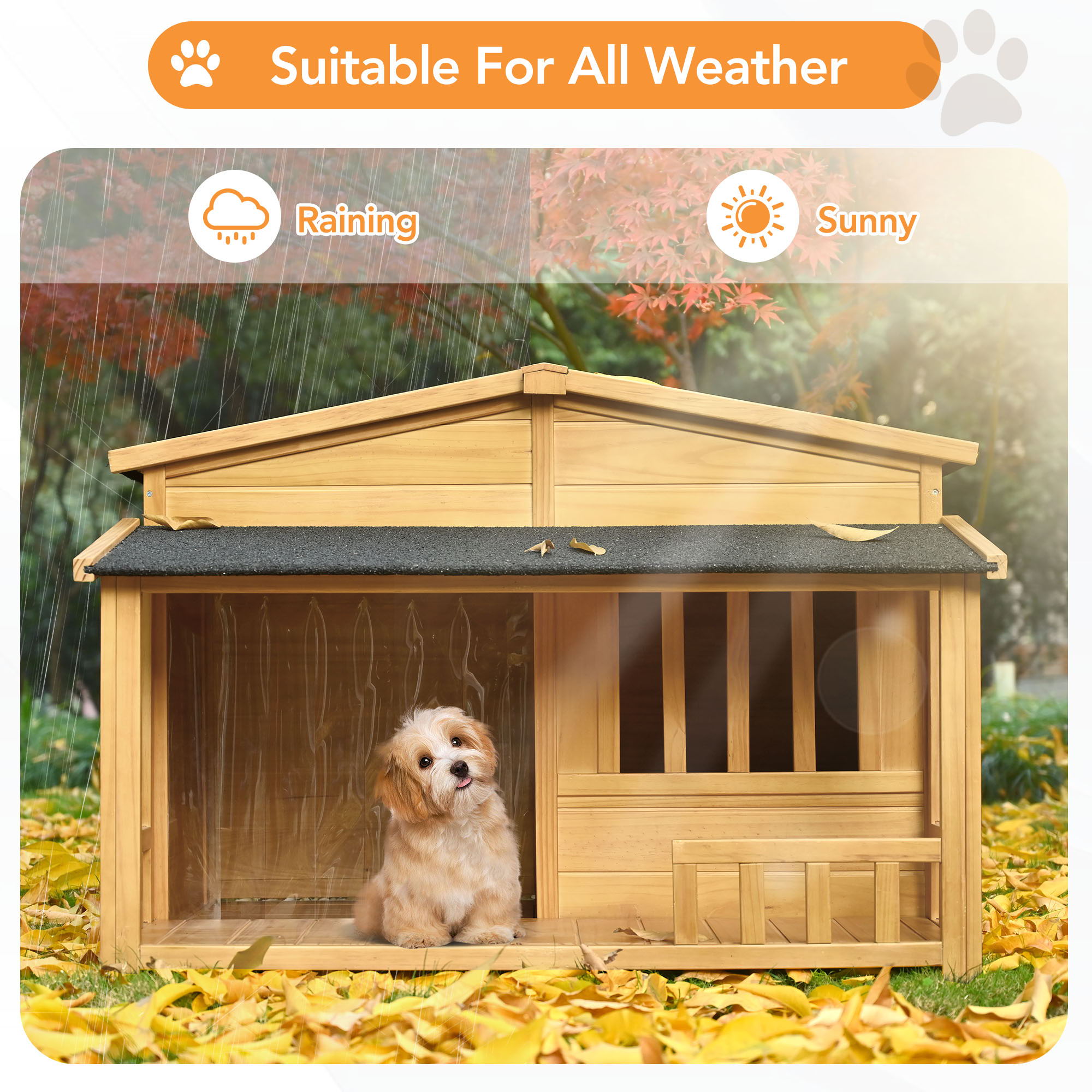 Wooden Dog House, Outdoor &amp; Indoor Dog Crate, Pet Kennel With Porch, Weatherproof, Medium - Nature